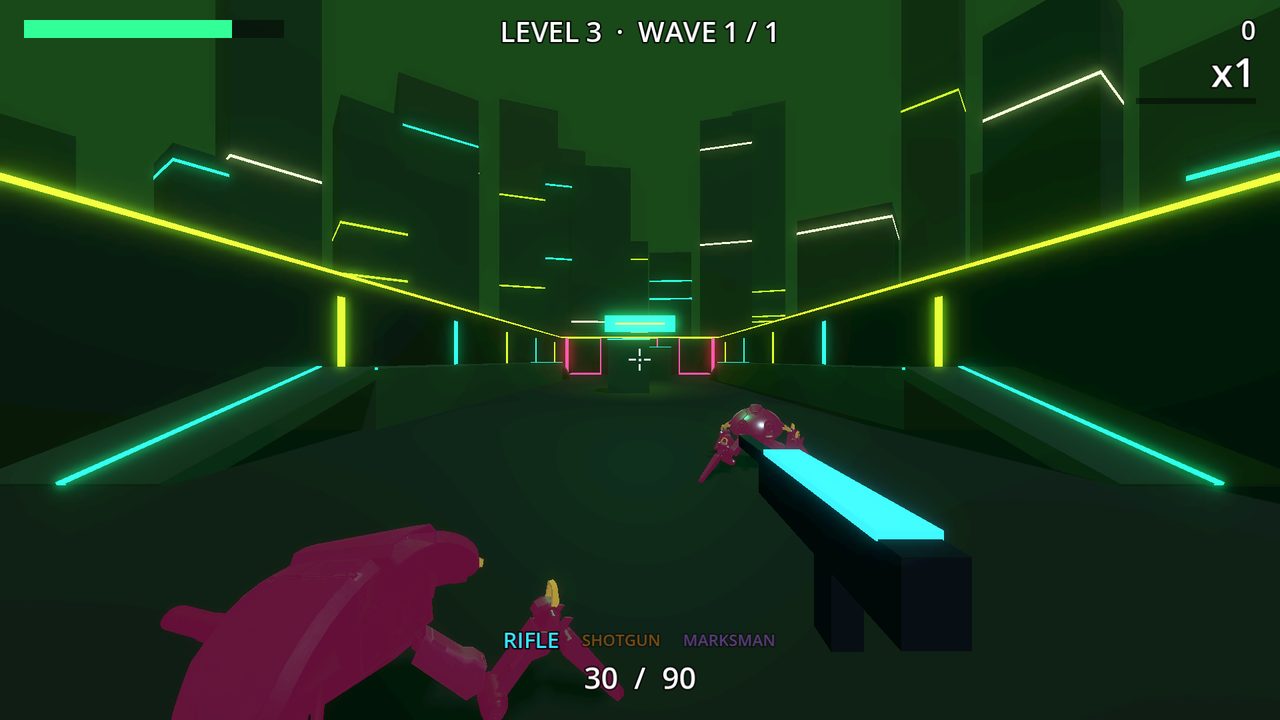 Level 3: a magenta crab robot lunges at the player in a green neon corridor.