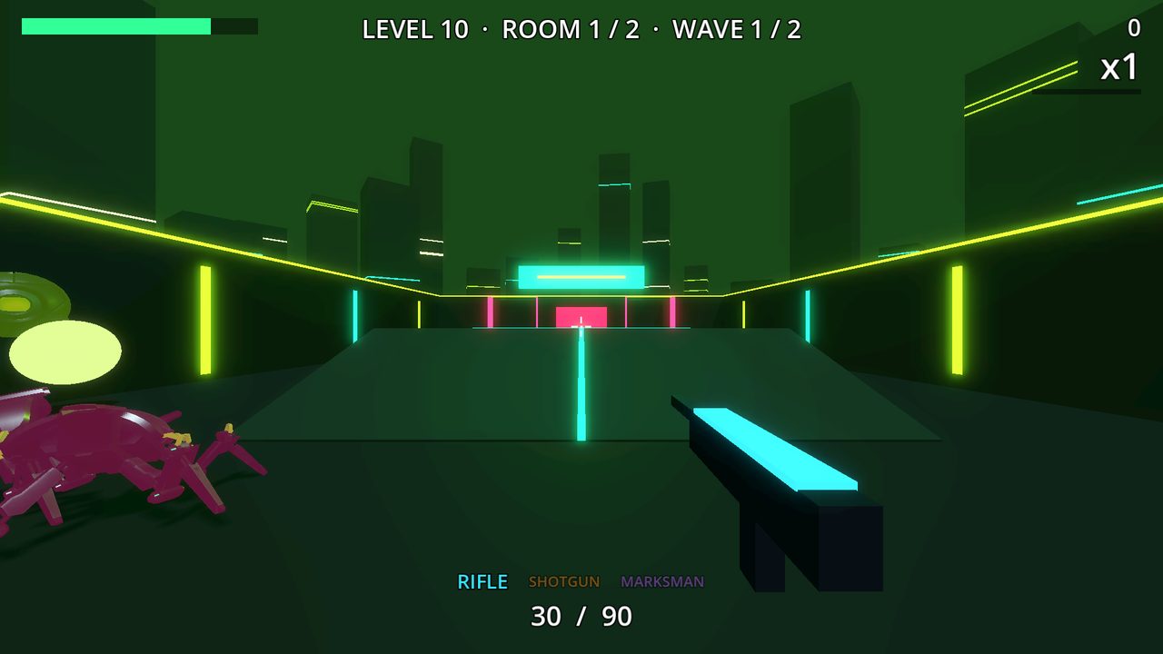Level 10: a magenta gate glows at the end of a green corridor.