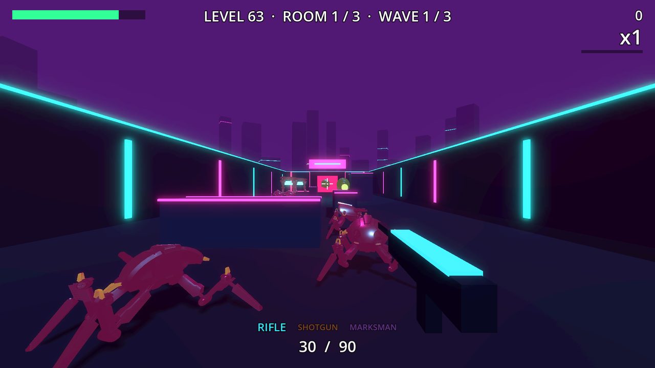 First-person view down a purple neon corridor as crab-like robots charge through the gates.