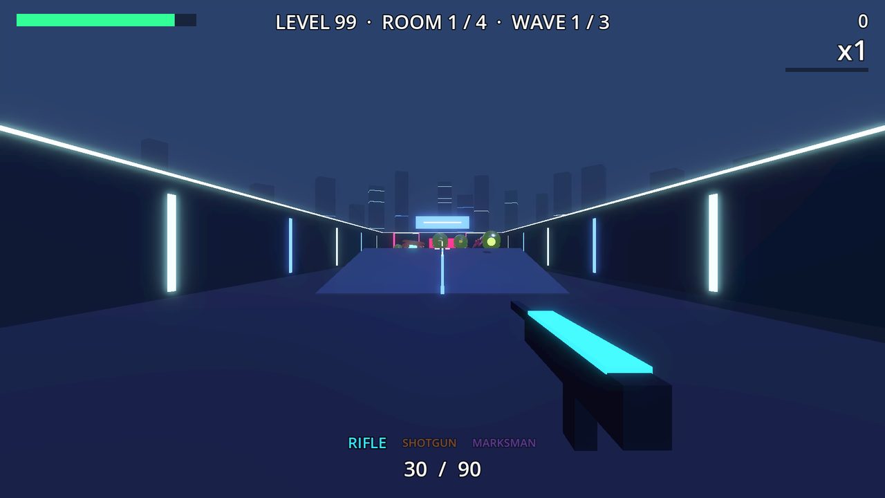 Level 99: robots and eye drones fill the far end of a blue corridor.